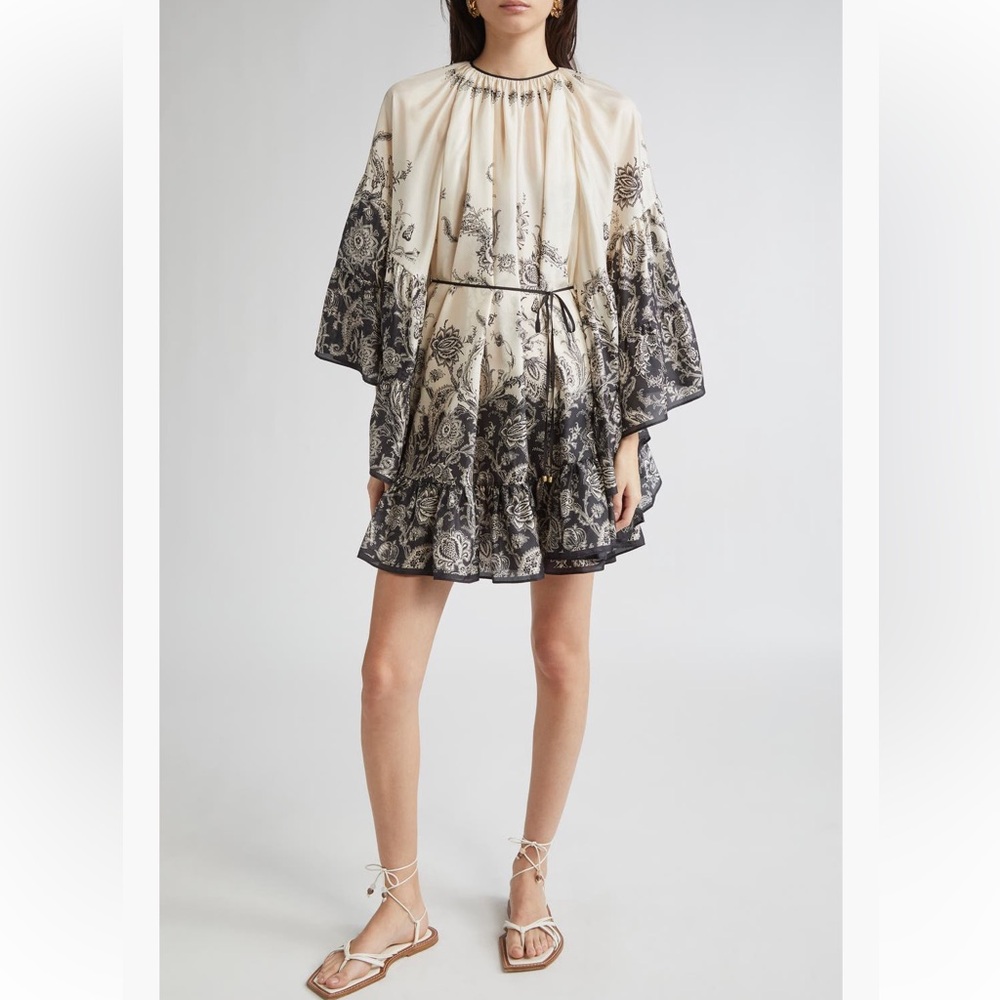 Final ZIMMERMANN Long Sleeves Habutai Rhiannon Lantern Mini Dress AU2 US8